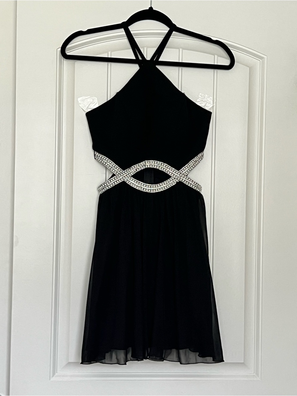 Xtraordinary Black Halter Mini Dress with Crystal Cutout Wavy Waistband Size